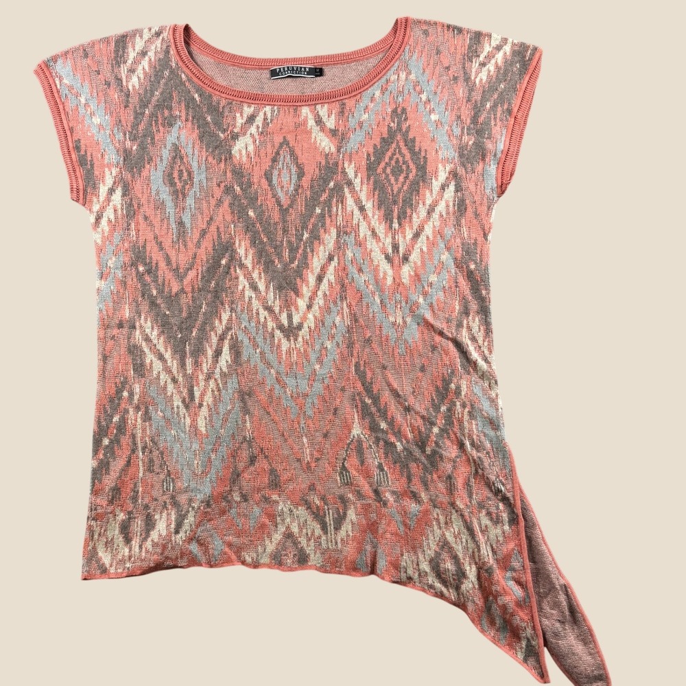 Peruvian Connection Knit Top Women M Coral Ikat Pima Bamboo Asymmetrical Tie